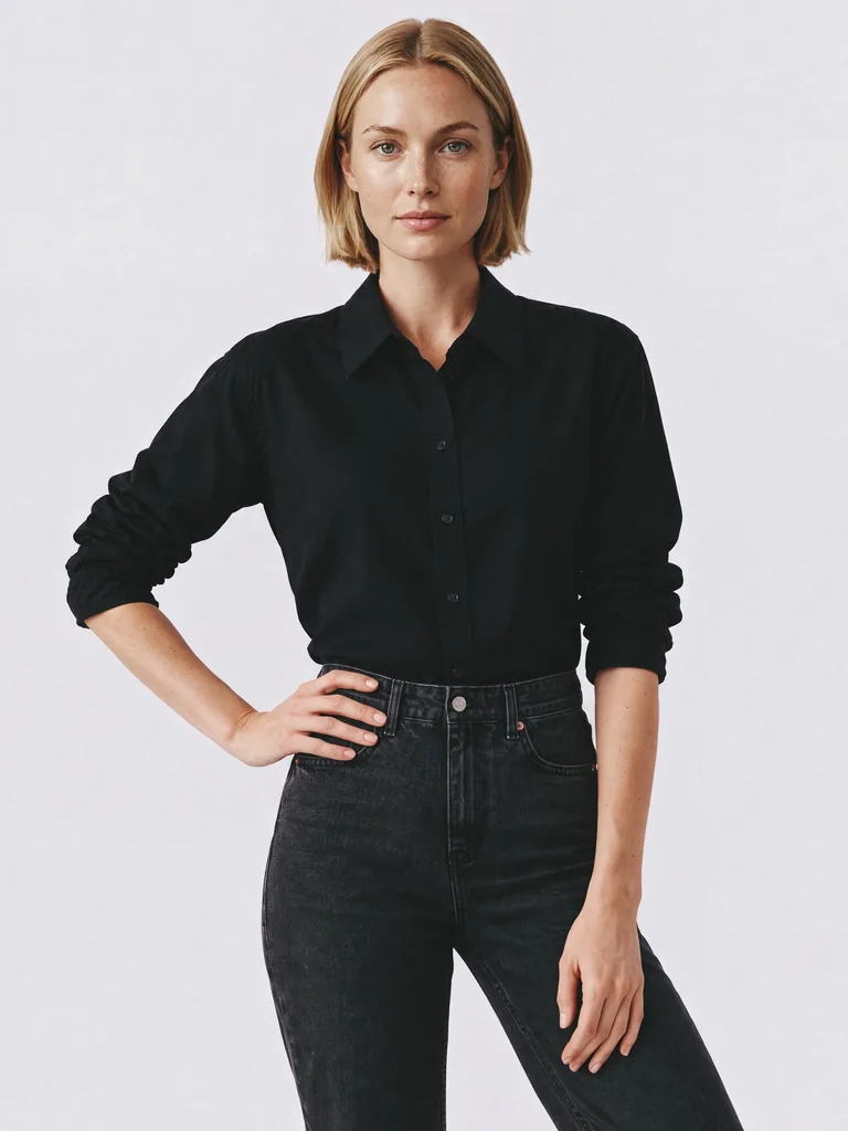 Product photo: an AI fashion model in a black button-up shirt and black jeans, hand on hip