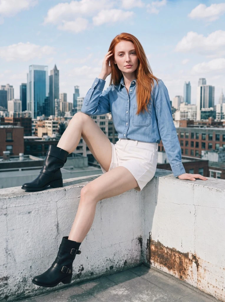 Editorial campaign photo on a city rooftop