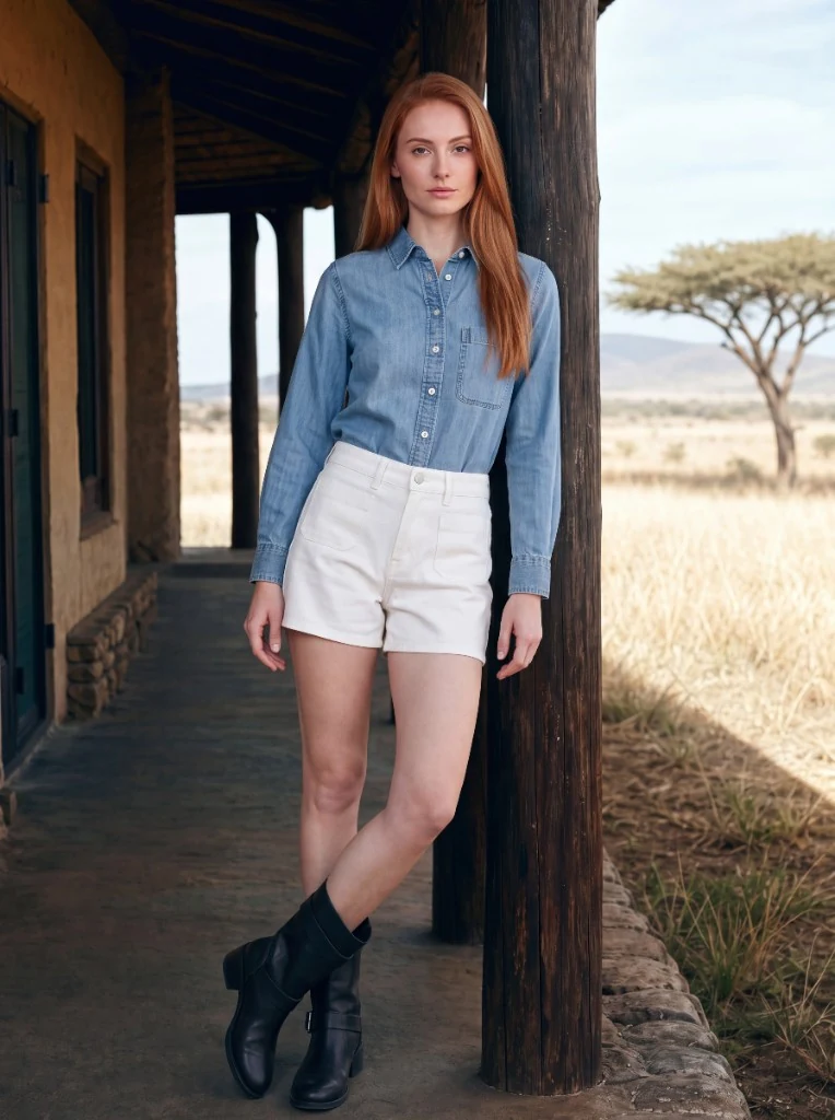 Editorial campaign photo on a porch overlooking the savanna