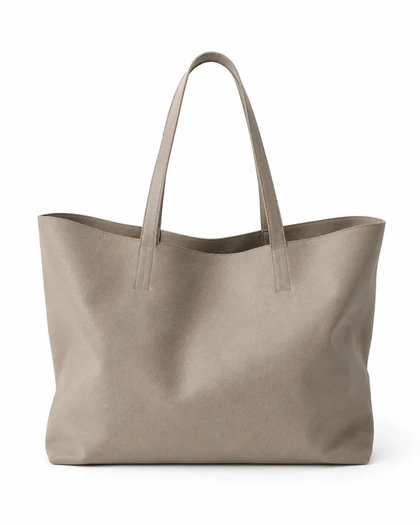 A taupe tote bag, flat