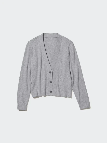 A grey ribbed cardigan, flat