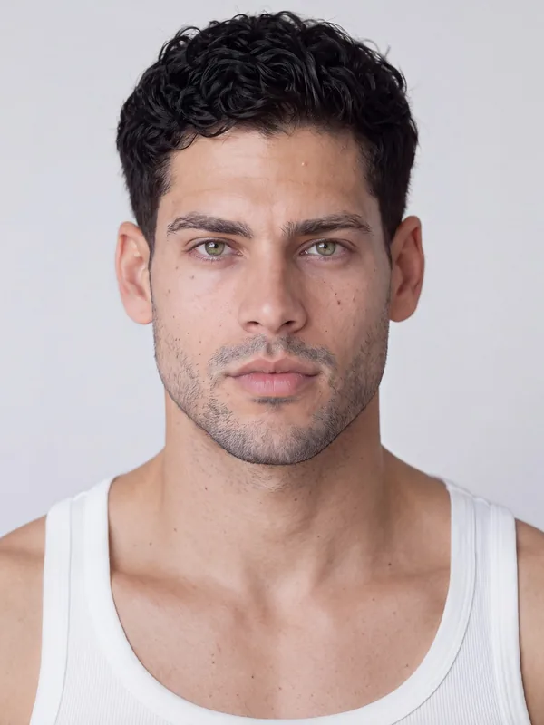 AI fashion model portrait: a man with curly black hair and stubble in a white tank top