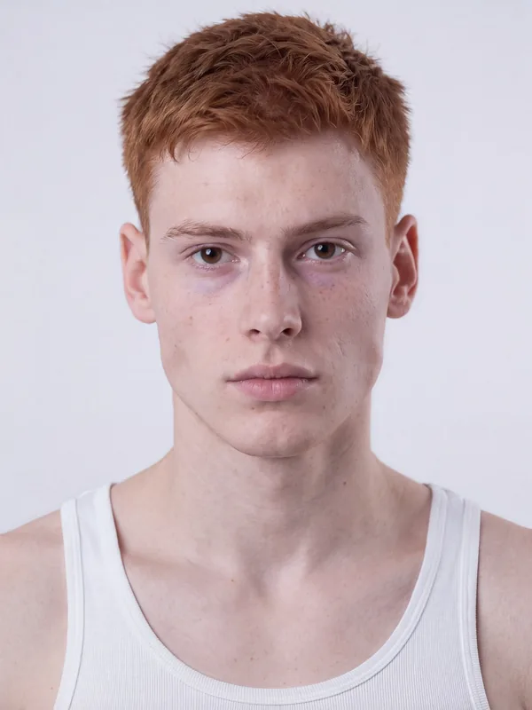 AI fashion model portrait: a man with short red hair in a white tank top