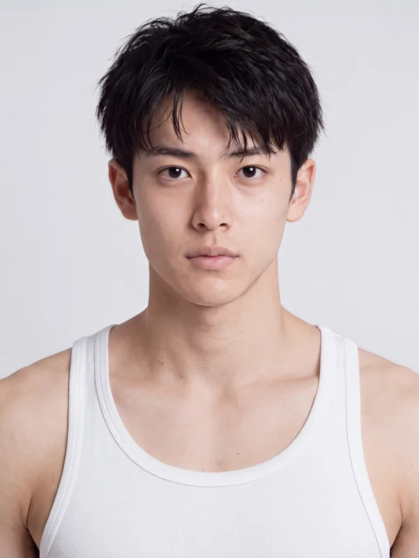 AI fashion model portrait: a man with short black hair in a white tank top