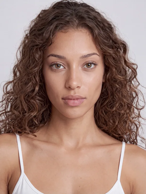 AI fashion model portrait: a woman with long curly brown hair in a white camisole
