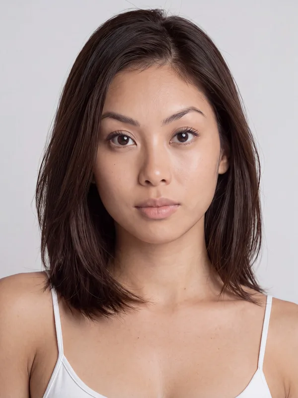 AI fashion model portrait: a woman with straight shoulder-length dark hair in a white camisole