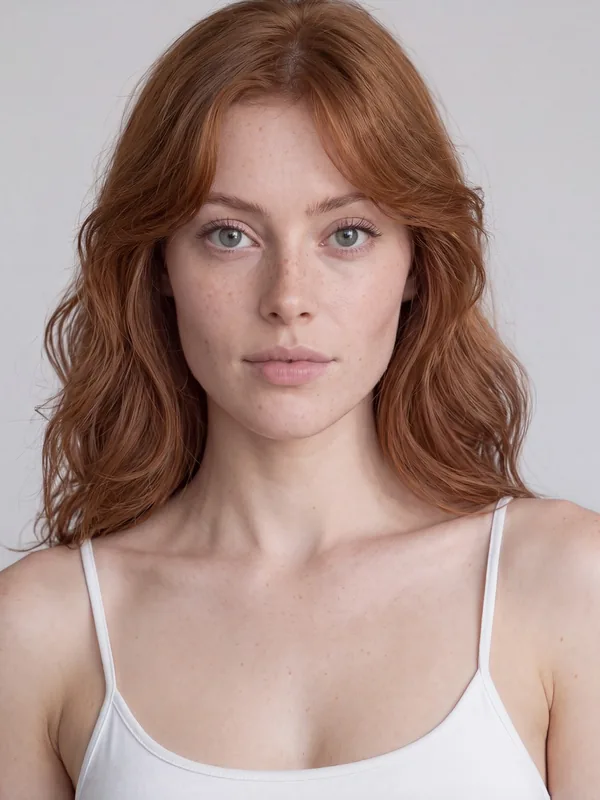 AI fashion model portrait: a woman with wavy auburn hair in a white camisole