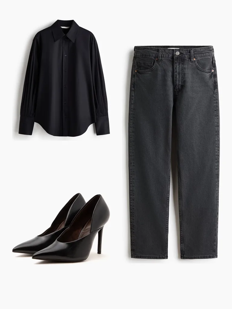 Flat lays of an outfit: a black button-up shirt, washed black straight-leg jeans and black pointed stiletto pumps