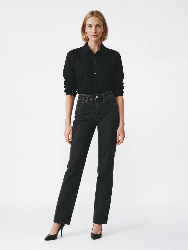 The same outfit on an AI fashion model: the black shirt, the black jeans and the black pumps, full length