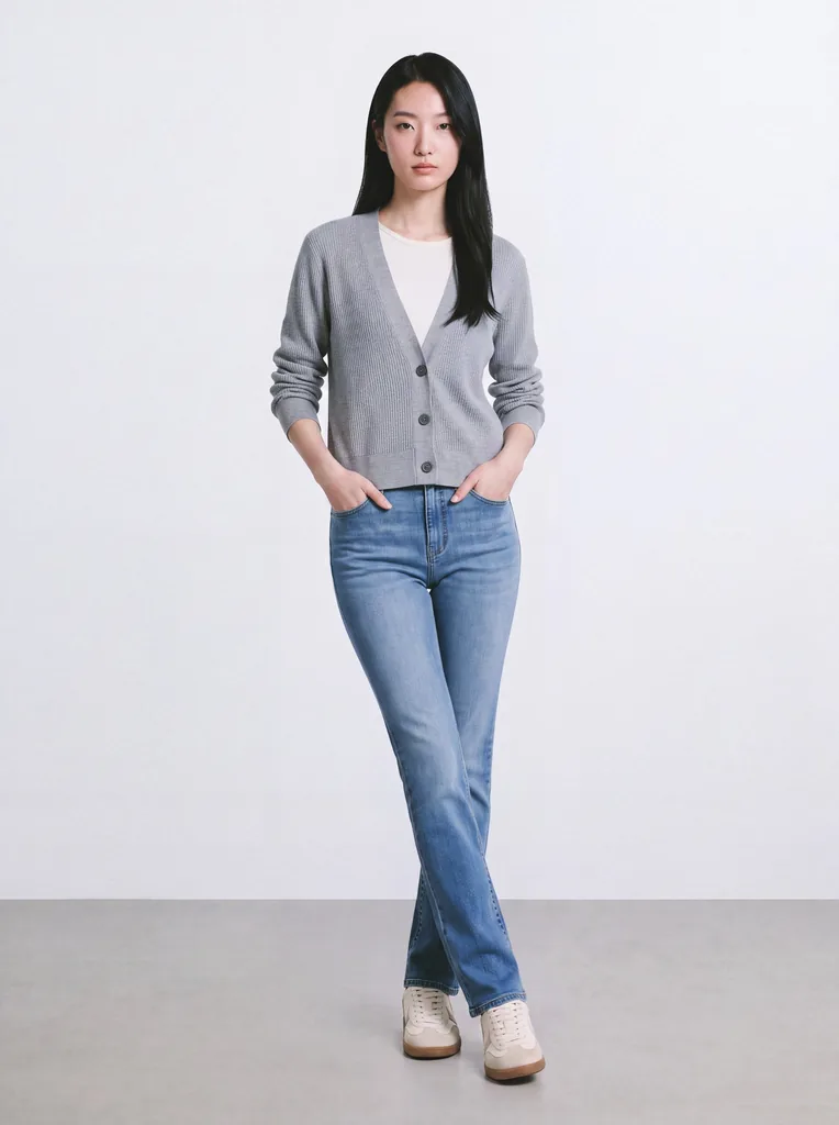 The same look with the sleeves pushed up and both hands in the pockets