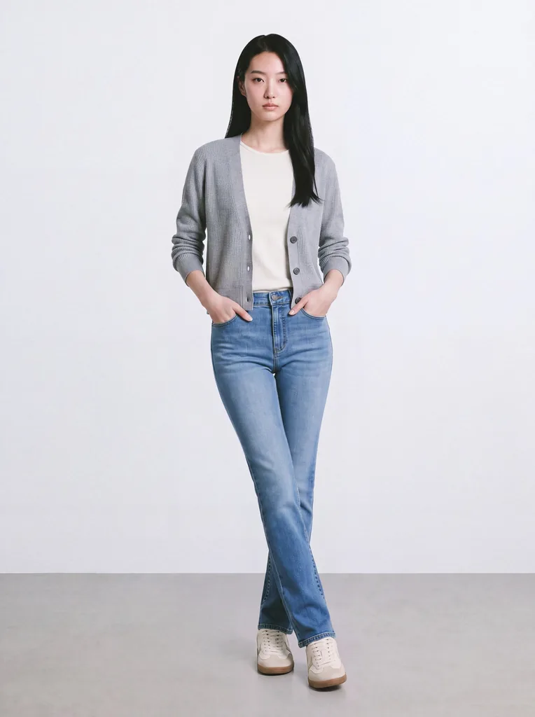 The same look with the grey cardigan fully open, sleeves pushed up and hands in pockets