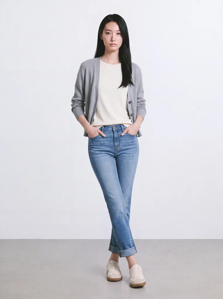 The same look with the white top half tucked into the rolled-up jeans