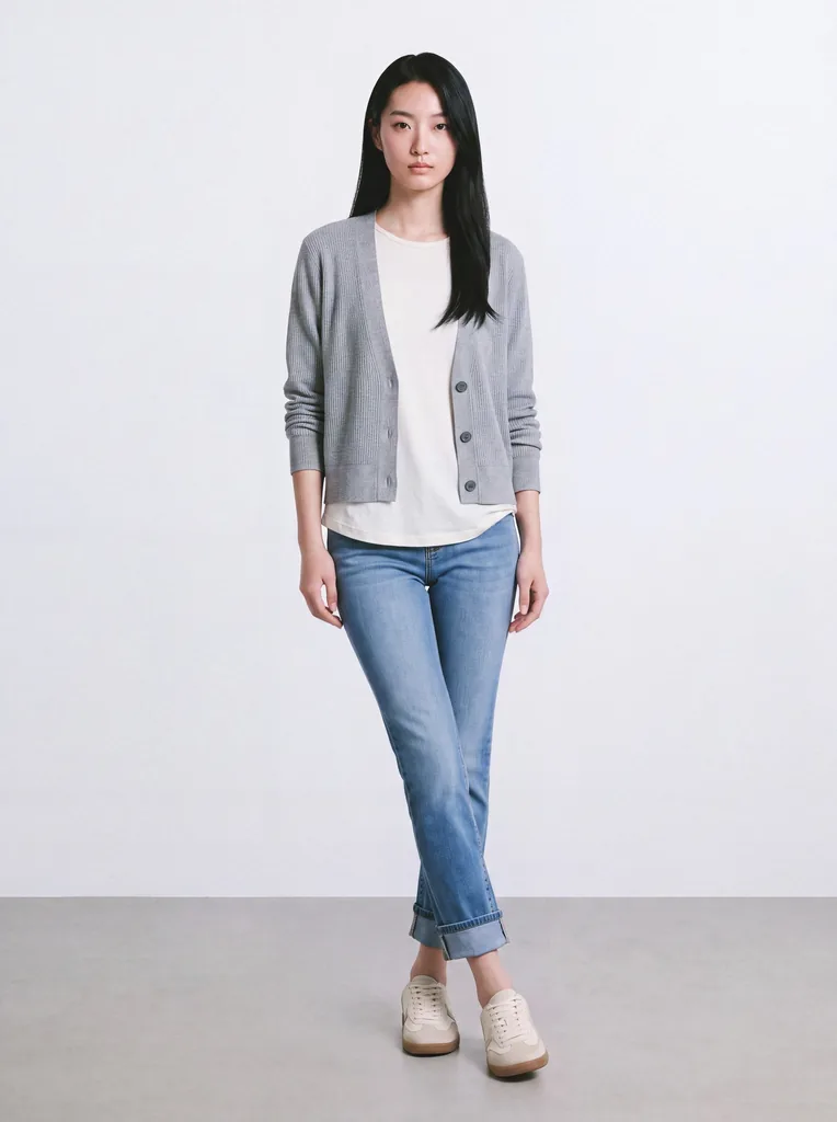The same look, cardigan open and top untucked, with both hands out of the pockets