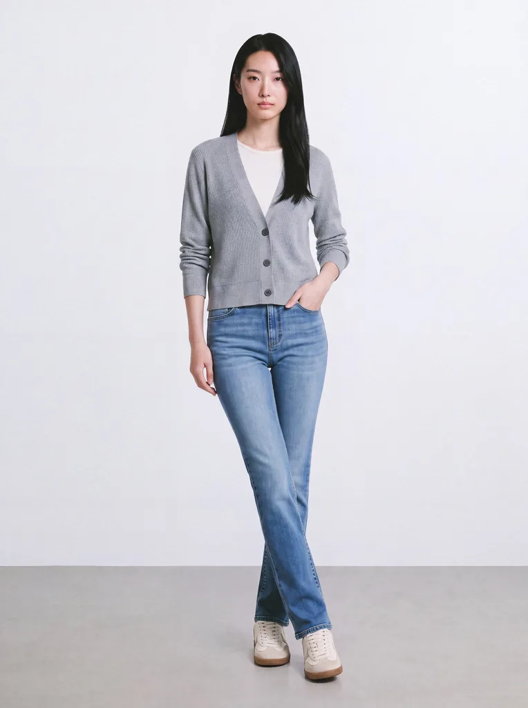 The same look with the sleeves pushed up and one hand in a jeans pocket