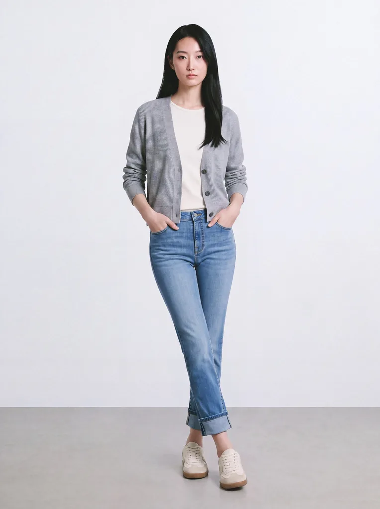 The same open-cardigan look with the jeans rolled up at the hem
