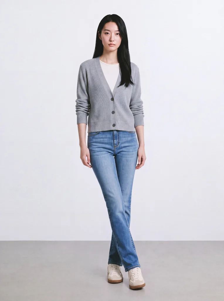The same grey cardigan look with the sleeves pushed up