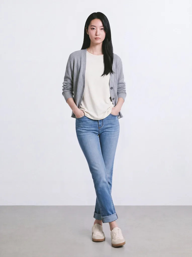 The same look with the white top untucked under the open grey cardigan