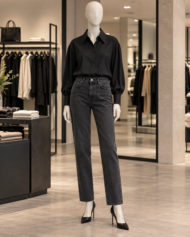 Mannequin shot of a black button-up shirt, washed black jeans and black pumps in a clothing store