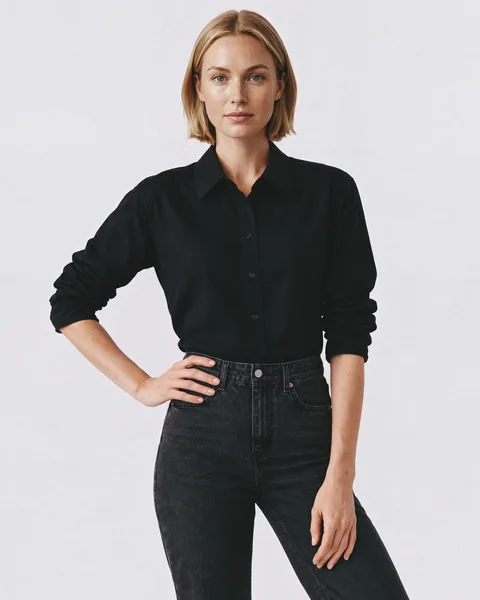 Product page photo: the black shirt and black jeans on an AI fashion model, mid crop, hand on hip