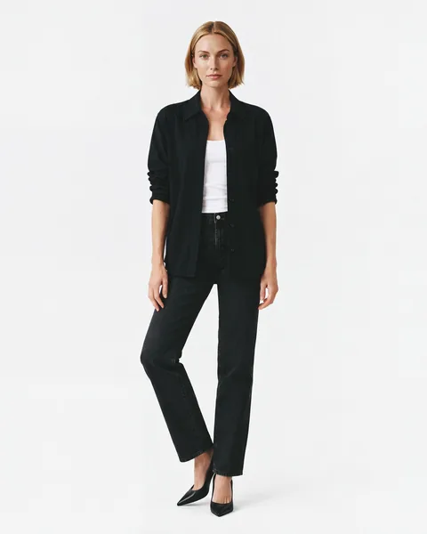 Product page photo: the same outfit in a different pose, the black shirt worn open over a white top